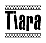 The image is a black and white clipart of the text Tiara in a bold, italicized font. The text is bordered by a dotted line on the top and bottom, and there are checkered flags positioned at both ends of the text, usually associated with racing or finishing lines.