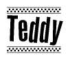 The image contains the text Teddy in a bold, stylized font, with a checkered flag pattern bordering the top and bottom of the text.