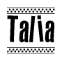 The clipart image displays the text Talia in a bold, stylized font. It is enclosed in a rectangular border with a checkerboard pattern running below and above the text, similar to a finish line in racing. 