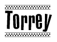 The clipart image displays the text Torrey in a bold, stylized font. It is enclosed in a rectangular border with a checkerboard pattern running below and above the text, similar to a finish line in racing. 