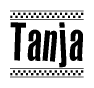 The image is a black and white clipart of the text Tanja in a bold, italicized font. The text is bordered by a dotted line on the top and bottom, and there are checkered flags positioned at both ends of the text, usually associated with racing or finishing lines.