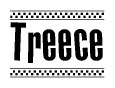 The clipart image displays the text Treece in a bold, stylized font. It is enclosed in a rectangular border with a checkerboard pattern running below and above the text, similar to a finish line in racing. 