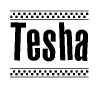 The image is a black and white clipart of the text Tesha in a bold, italicized font. The text is bordered by a dotted line on the top and bottom, and there are checkered flags positioned at both ends of the text, usually associated with racing or finishing lines.