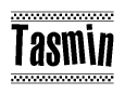 The image contains the text Tasmin in a bold, stylized font, with a checkered flag pattern bordering the top and bottom of the text.