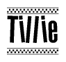 The image is a black and white clipart of the text Tillie in a bold, italicized font. The text is bordered by a dotted line on the top and bottom, and there are checkered flags positioned at both ends of the text, usually associated with racing or finishing lines.