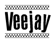 The image is a black and white clipart of the text Veejay in a bold, italicized font. The text is bordered by a dotted line on the top and bottom, and there are checkered flags positioned at both ends of the text, usually associated with racing or finishing lines.