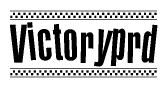 The image contains the text Victoryprd in a bold, stylized font, with a checkered flag pattern bordering the top and bottom of the text.