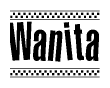 The image contains the text Wanita in a bold, stylized font, with a checkered flag pattern bordering the top and bottom of the text.