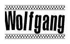 The clipart image displays the text Wolfgang in a bold, stylized font. It is enclosed in a rectangular border with a checkerboard pattern running below and above the text, similar to a finish line in racing. 