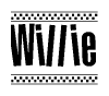 The image contains the text Willie in a bold, stylized font, with a checkered flag pattern bordering the top and bottom of the text.