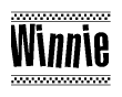 The image is a black and white clipart of the text Winnie in a bold, italicized font. The text is bordered by a dotted line on the top and bottom, and there are checkered flags positioned at both ends of the text, usually associated with racing or finishing lines.