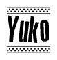   The image contains the text Yuko in a bold, stylized font, with a checkered flag pattern bordering the top and bottom of the text. 