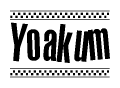 The image contains the text Yoakum in a bold, stylized font, with a checkered flag pattern bordering the top and bottom of the text.