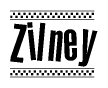 The image is a black and white clipart of the text Zilney in a bold, italicized font. The text is bordered by a dotted line on the top and bottom, and there are checkered flags positioned at both ends of the text, usually associated with racing or finishing lines.