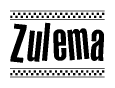 The image is a black and white clipart of the text Zulema in a bold, italicized font. The text is bordered by a dotted line on the top and bottom, and there are checkered flags positioned at both ends of the text, usually associated with racing or finishing lines.