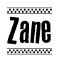 The image contains the text Zane in a bold, stylized font, with a checkered flag pattern bordering the top and bottom of the text.