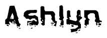 This nametag says Ashlyn, and has a static looking effect at the bottom of the words. The words are in a stylized font.