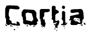 This nametag says Cortia, and has a static looking effect at the bottom of the words. The words are in a stylized font.