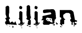 This nametag says Lilian, and has a static looking effect at the bottom of the words. The words are in a stylized font.