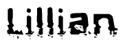 This nametag says Lillian, and has a static looking effect at the bottom of the words. The words are in a stylized font.