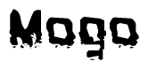 This nametag says Mogo, and has a static looking effect at the bottom of the words. The words are in a stylized font.