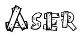 The image contains the name Aser written in a decorative, stylized font with a hand-drawn appearance. The lines are made up of what appears to be planks of wood, which are nailed together