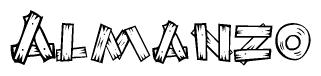 The clipart image shows the name Almanzo stylized to look as if it has been constructed out of wooden planks or logs. Each letter is designed to resemble pieces of wood.