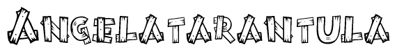 The image contains the name Angelatarantula written in a decorative, stylized font with a hand-drawn appearance. The lines are made up of what appears to be planks of wood, which are nailed together