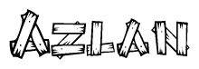 The image contains the name Azlan written in a decorative, stylized font with a hand-drawn appearance. The lines are made up of what appears to be planks of wood, which are nailed together