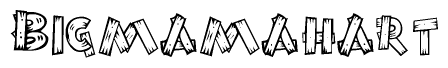 The image contains the name Bigmamahart written in a decorative, stylized font with a hand-drawn appearance. The lines are made up of what appears to be planks of wood, which are nailed together