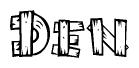 The image contains the name Den written in a decorative, stylized font with a hand-drawn appearance. The lines are made up of what appears to be planks of wood, which are nailed together