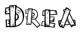 The image contains the name Drea written in a decorative, stylized font with a hand-drawn appearance. The lines are made up of what appears to be planks of wood, which are nailed together