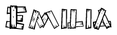 The clipart image shows the name Emilia stylized to look like it is constructed out of separate wooden planks or boards, with each letter having wood grain and plank-like details.