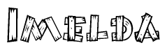 The image contains the name Imelda written in a decorative, stylized font with a hand-drawn appearance. The lines are made up of what appears to be planks of wood, which are nailed together