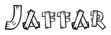 The image contains the name Jaffar written in a decorative, stylized font with a hand-drawn appearance. The lines are made up of what appears to be planks of wood, which are nailed together