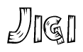 The clipart image shows the name Jigi stylized to look as if it has been constructed out of wooden planks or logs. Each letter is designed to resemble pieces of wood.