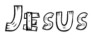 The image contains the name Jesus written in a decorative, stylized font with a hand-drawn appearance. The lines are made up of what appears to be planks of wood, which are nailed together