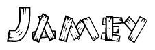 The clipart image shows the name Jamey stylized to look as if it has been constructed out of wooden planks or logs. Each letter is designed to resemble pieces of wood.