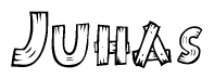 The image contains the name Juhas written in a decorative, stylized font with a hand-drawn appearance. The lines are made up of what appears to be planks of wood, which are nailed together