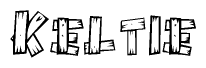 The image contains the name Keltie written in a decorative, stylized font with a hand-drawn appearance. The lines are made up of what appears to be planks of wood, which are nailed together