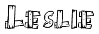 The clipart image shows the name Leslie stylized to look as if it has been constructed out of wooden planks or logs. Each letter is designed to resemble pieces of wood.