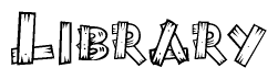 The image contains the name Library written in a decorative, stylized font with a hand-drawn appearance. The lines are made up of what appears to be planks of wood, which are nailed together