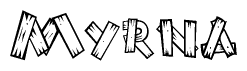 The image contains the name Myrna written in a decorative, stylized font with a hand-drawn appearance. The lines are made up of what appears to be planks of wood, which are nailed together