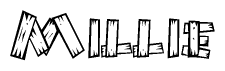 The image contains the name Millie written in a decorative, stylized font with a hand-drawn appearance. The lines are made up of what appears to be planks of wood, which are nailed together