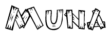 The image contains the name Muna written in a decorative, stylized font with a hand-drawn appearance. The lines are made up of what appears to be planks of wood, which are nailed together