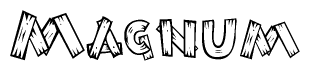 The clipart image shows the name Magnum stylized to look as if it has been constructed out of wooden planks or logs. Each letter is designed to resemble pieces of wood.