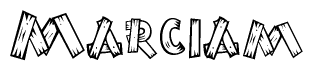 The clipart image shows the name Marciam stylized to look as if it has been constructed out of wooden planks or logs. Each letter is designed to resemble pieces of wood.