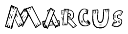The image contains the name Marcus written in a decorative, stylized font with a hand-drawn appearance. The lines are made up of what appears to be planks of wood, which are nailed together