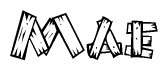 The image contains the name Mae written in a decorative, stylized font with a hand-drawn appearance. The lines are made up of what appears to be planks of wood, which are nailed together
