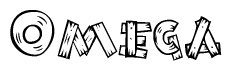 The image contains the name Omega written in a decorative, stylized font with a hand-drawn appearance. The lines are made up of what appears to be planks of wood, which are nailed together